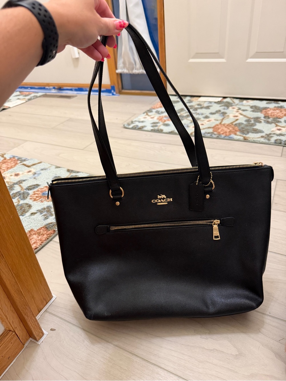 Coach Black Leather Zip-Top Tote with Gold Hardware